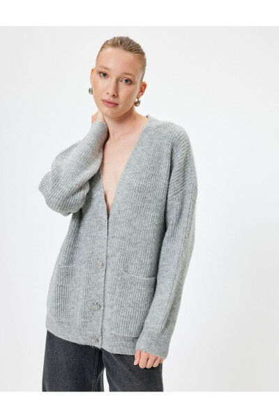 Oversized Knit Cardigan with V-Neck, Buttons and Pockets, Long Sleeves - 7