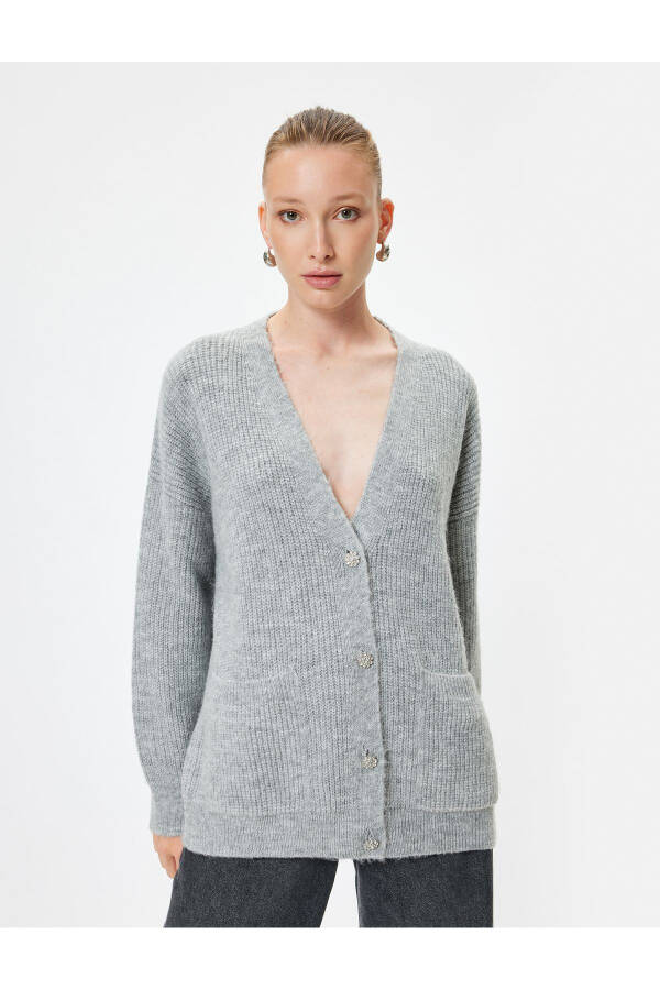 Oversized Knit Cardigan with V-Neck, Buttons and Pockets, Long Sleeves - 9