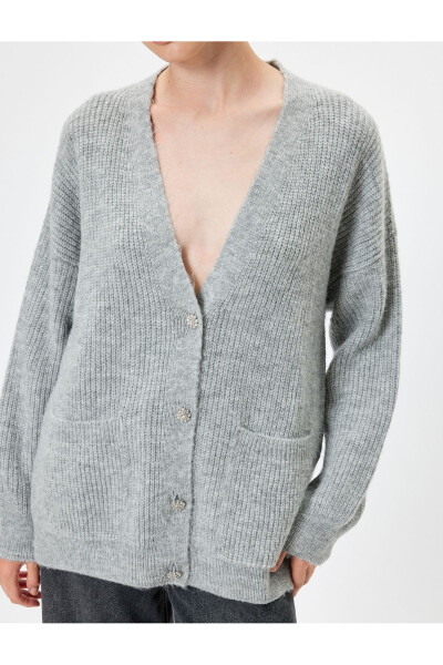 Oversized Knit Cardigan with V-Neck, Buttons and Pockets, Long Sleeves - 11