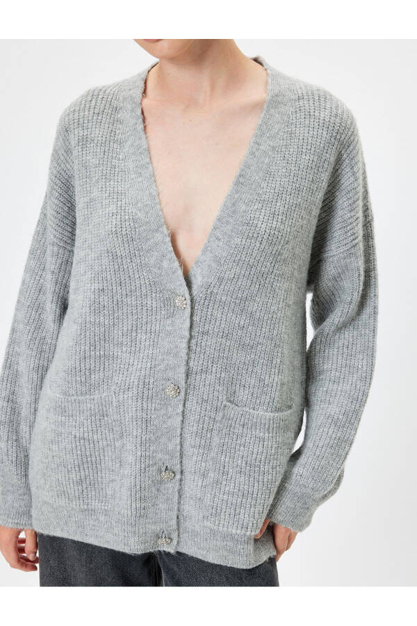 Oversized Knit Cardigan with V-Neck, Buttons and Pockets, Long Sleeves - 11