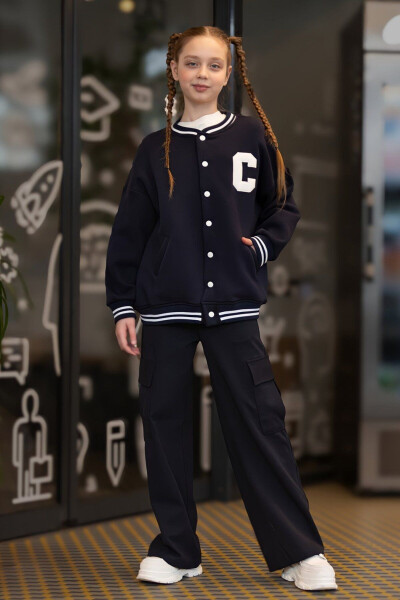 Oversized Pocket Bomber Collar Girls' College Cardigan - 1