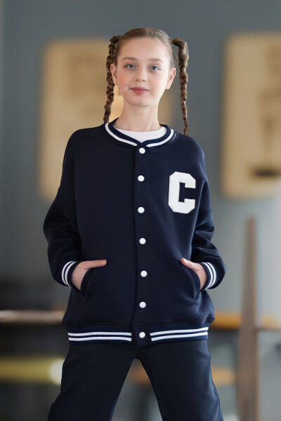 Oversized Pocket Bomber Collar Girls' College Cardigan - 3