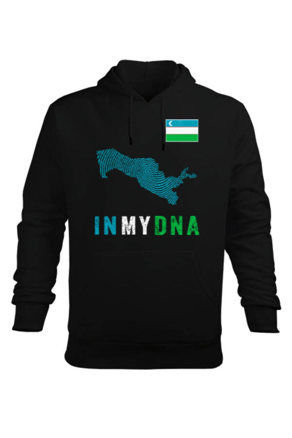 Özbekistan Bayrağı ve Haritası Siyah Erkek Kapüşonlu Hoodie Sweatshirt - 1