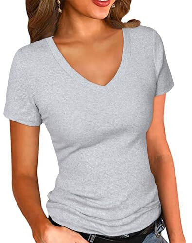 PALINDA Women's Short Sleeves Ribbed Fitted Shirt Basic V Neck Slim T Shirt Tops - 1