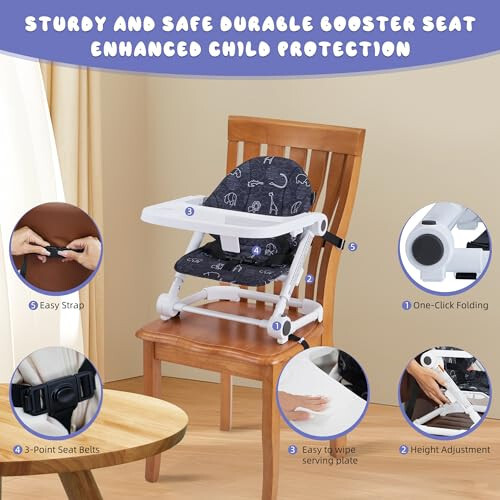 Pamo Babe Booster Seat for Dining Table, Travel Lightweight Folding 2-in-1 Feeding Seat for Baby, Adjustable Tray and Adjustable Height (Black) - 34