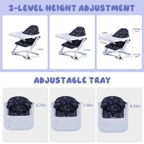 Pamo Babe Booster Seat for Dining Table, Travel Lightweight Folding 2-in-1 Feeding Seat for Baby, Adjustable Tray and Adjustable Height (Black) - 8