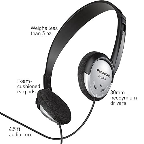 Panasonic Headphones On-Ear Lightweight with XBS RP-HT21 (Black & Silver) - 3