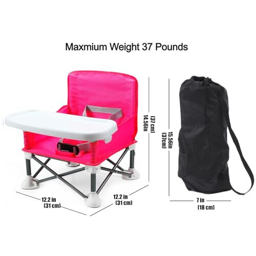 PandaEar Portable Travel Booster Seat with Tray | Folding Baby Seat Booster High Chair for Dining Table | Compact Camping Chair for Lawn, Beach Indoor/Outdoor Use | Toddlers, Kids (Pink) - 48