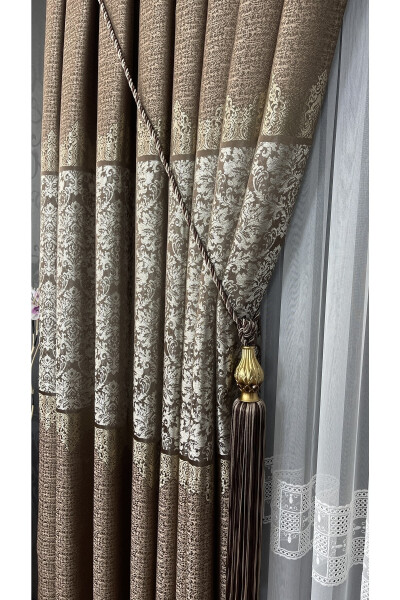 Panel Curtain Coffee Mink Beige Single Wing Tight Pleated Jacquard Shiny Patterned 100 X 260 - 1