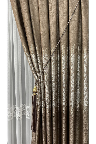 Panel Curtain Coffee Mink Beige Single Wing Tight Pleated Jacquard Shiny Patterned 100 X 260 - 4