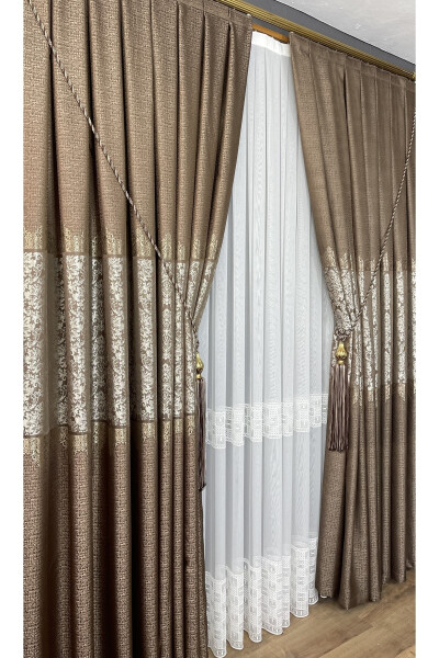 Panel Curtain Coffee Mink Beige Single Wing Tight Pleated Jacquard Shiny Patterned 100 X 260 - 6