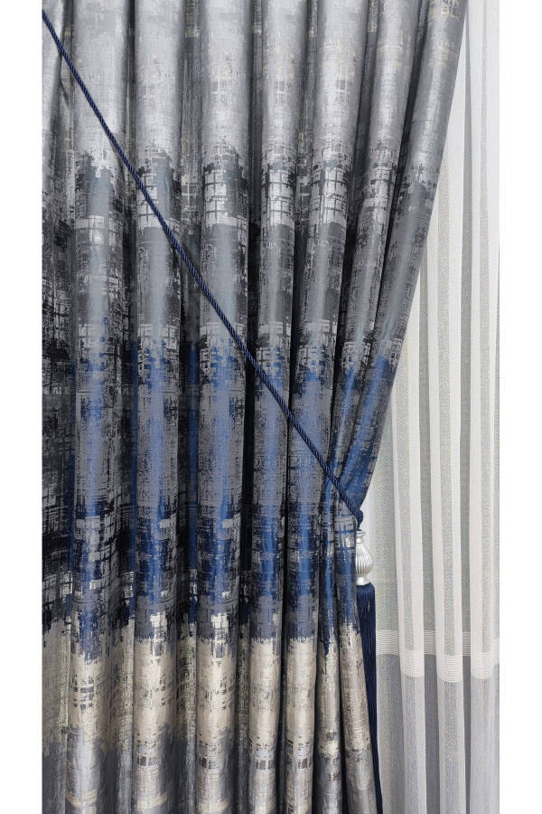 Panel Curtain Navy Black Gray Multicolored Patterned Single Wing Tight Pleated Yuka Home Luxury Series - 2