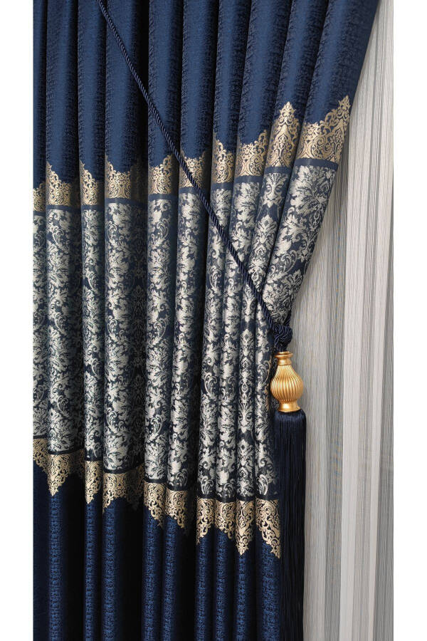 Panel Curtain Navy Grey Single Panel Pleated Jacquard Shiny Patterned - 2