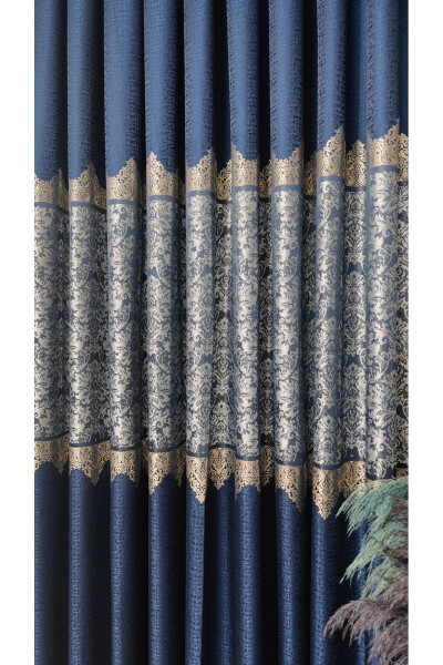 Panel Curtain Navy Grey Single Panel Pleated Jacquard Shiny Patterned - 3