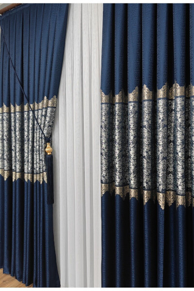 Panel Curtain Navy Grey Single Panel Pleated Jacquard Shiny Patterned - 5