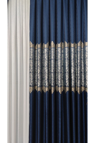 Panel Curtain Navy Grey Single Panel Pleated Jacquard Shiny Patterned - 7