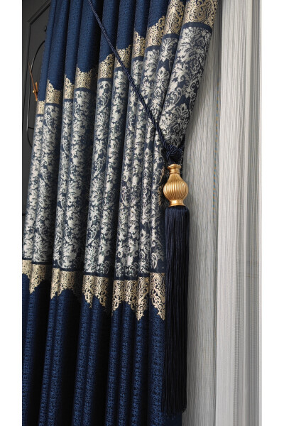 Panel Curtain Navy Grey Single Panel Pleated Jacquard Shiny Patterned - 13