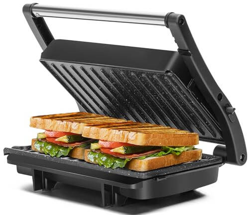 Panini Press Grill, Aigostar 1000W Sandwich Maker with Ceramic Non-stick Plates, Opens 180 Degrees for Any Size Food, 3-in-1 Sandwich Press Electric Grill, Drip Spout & Locking Lid, Sliver - 1