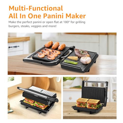 Panini Press Grill, Aigostar 1000W Sandwich Maker with Ceramic Non-stick Plates, Opens 180 Degrees for Any Size Food, 3-in-1 Sandwich Press Electric Grill, Drip Spout & Locking Lid, Sliver - 3