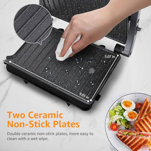 Panini Press Grill, Aigostar 1000W Sandwich Maker with Ceramic Non-stick Plates, Opens 180 Degrees for Any Size Food, 3-in-1 Sandwich Press Electric Grill, Drip Spout & Locking Lid, Sliver - 5