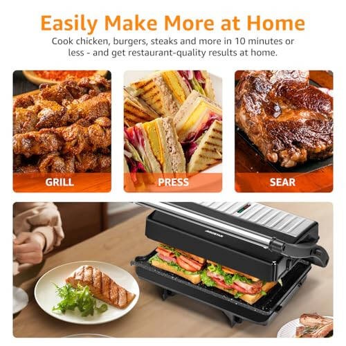 Panini Press Grill, Aigostar 1000W Sandwich Maker with Ceramic Non-stick Plates, Opens 180 Degrees for Any Size Food, 3-in-1 Sandwich Press Electric Grill, Drip Spout & Locking Lid, Sliver - 6