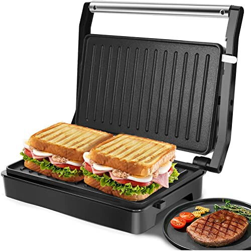 Panini Press Sandwich Maker, Aigostar 1000W Sandwich Press Grill with Non-Stick Coated Plates, Indicator Light, Locking Lid, Cool Touch Handle, Panini Maker Panini Press Grill Easy to Storage & Clean - 1