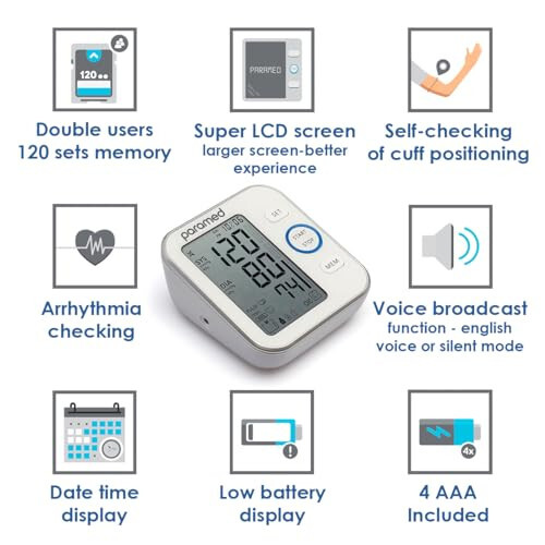 Paramed Kan Basıncı Monitörü - Tansiyon Aleti - Otomatik Üst Kol Tansiyon Kol Bandı 8.7-16.5 inç - Geniş LCD Ekran 120 Set Hafıza - Cihaz Çantası ve Piller Dahil - 13