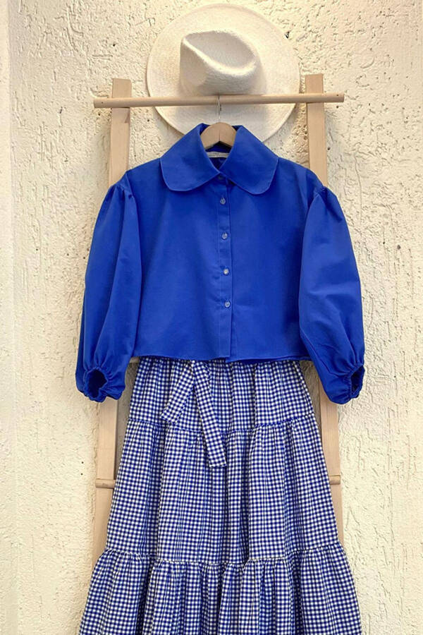 Parliament Baby Collar Crop Shirt & Blue Houndstooth Layered Skirt Set - 1