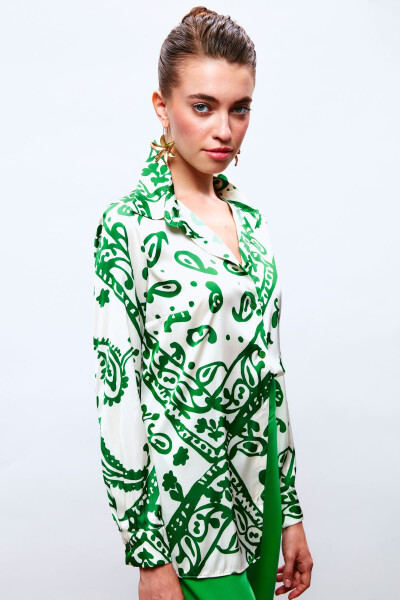 Patterned Loose Satin Shirt - Green - 1