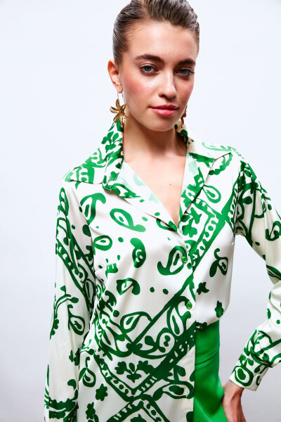 Patterned Loose Satin Shirt - Green - 2