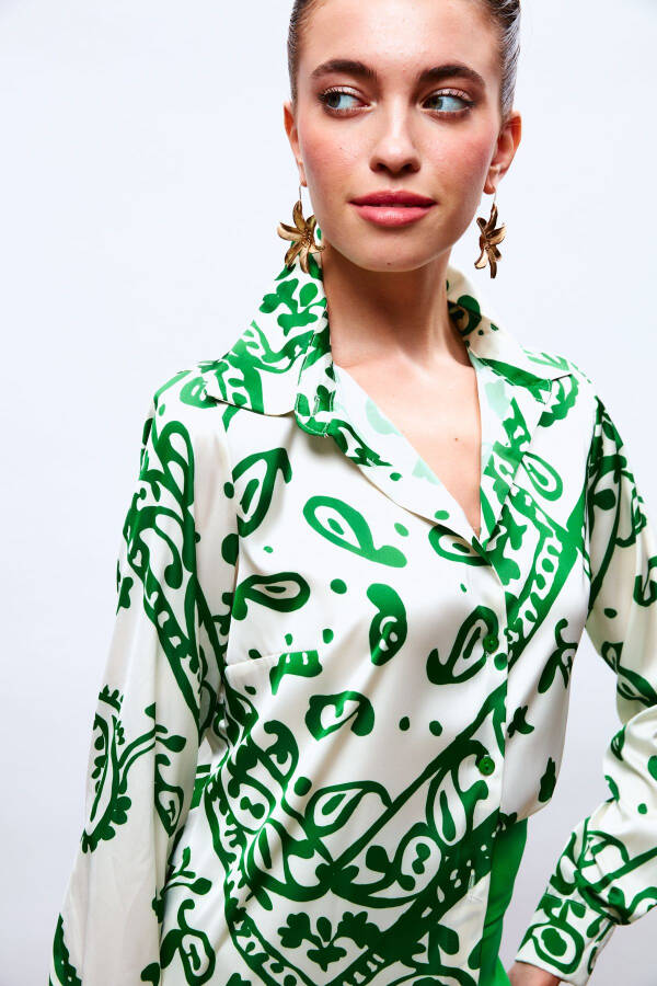 Patterned Loose Satin Shirt - Green - 3