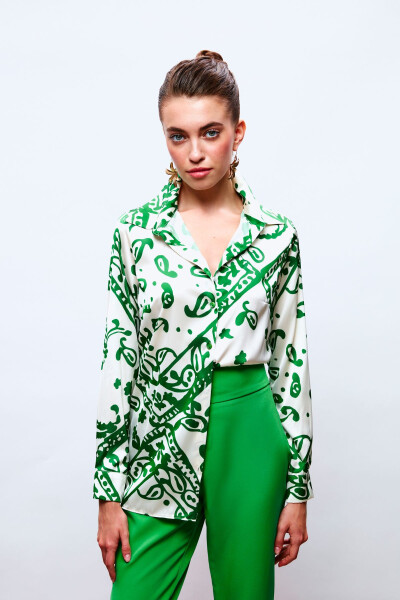 Patterned Loose Satin Shirt - Green - 4