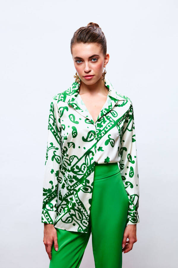 Patterned Loose Satin Shirt - Green - 4