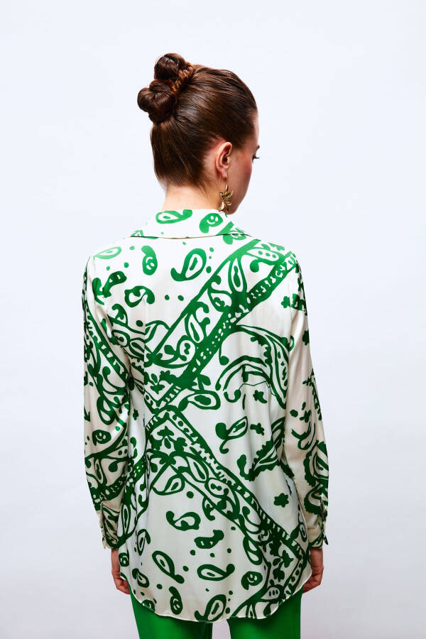 Patterned Loose Satin Shirt - Green - 5