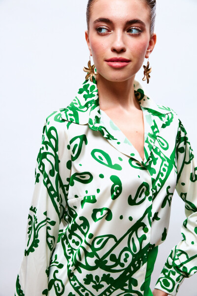 Patterned Loose Satin Shirt - Green - 6