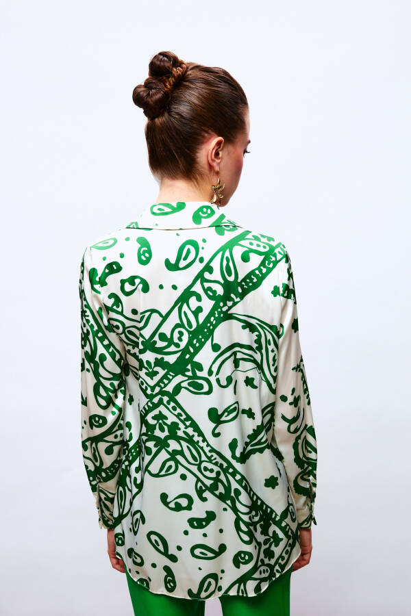 Patterned Loose Satin Shirt - Green - 7