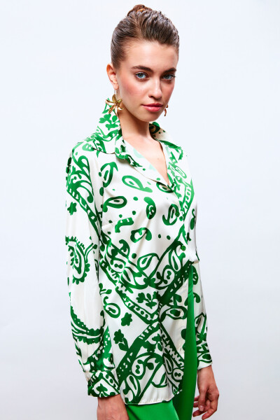 Patterned Loose Satin Shirt - Green - 8