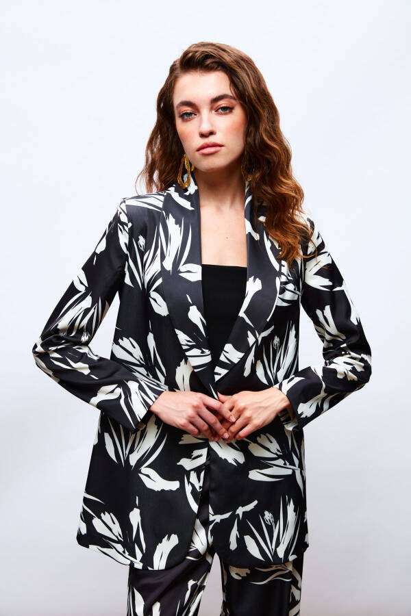 Patterned Oversized Satin Jacket - BLACK - 1