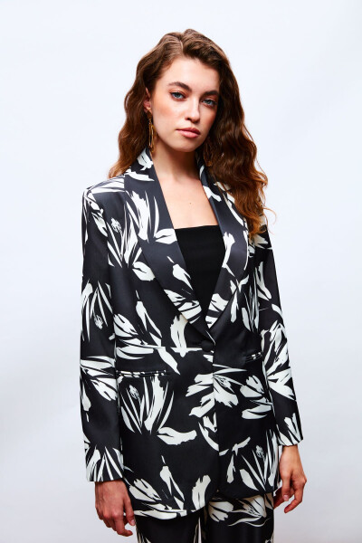 Patterned Oversized Satin Jacket - BLACK - 2