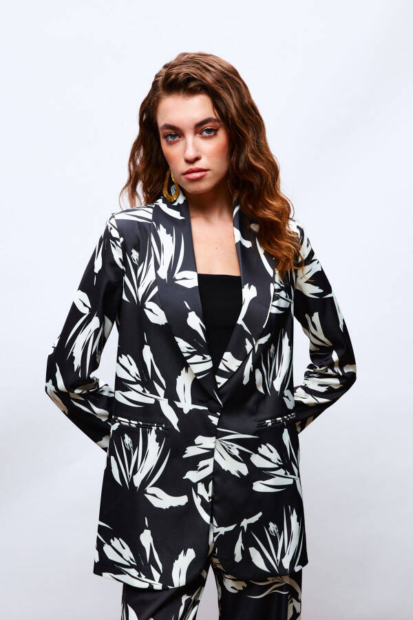 Patterned Oversized Satin Jacket - BLACK - 3