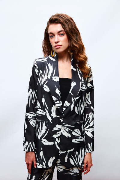 Patterned Oversized Satin Jacket - BLACK - 4