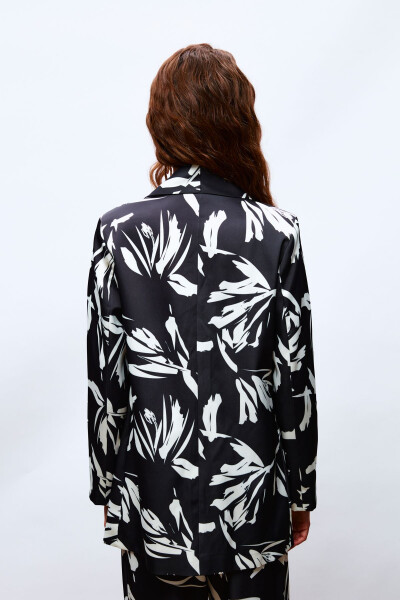 Patterned Oversized Satin Jacket - BLACK - 6