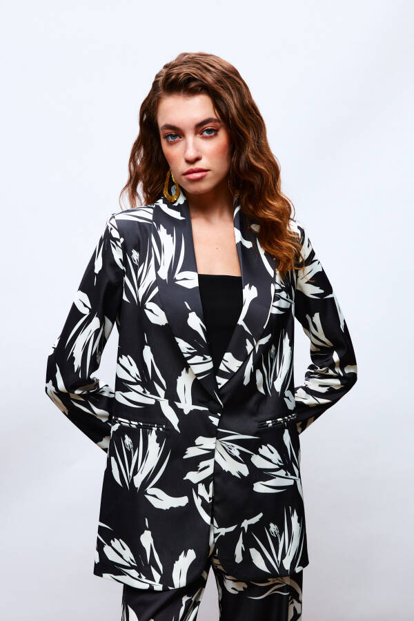 Patterned Oversized Satin Jacket - BLACK - 9