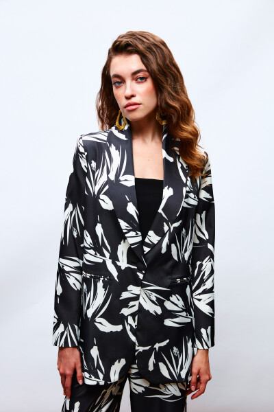 Patterned Oversized Satin Jacket - BLACK - 10