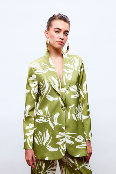 Patterned Oversized Satin Jacket - GREEN - 1