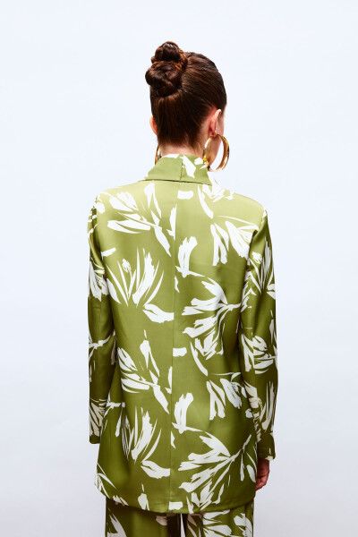 Patterned Oversized Satin Jacket - GREEN - 4