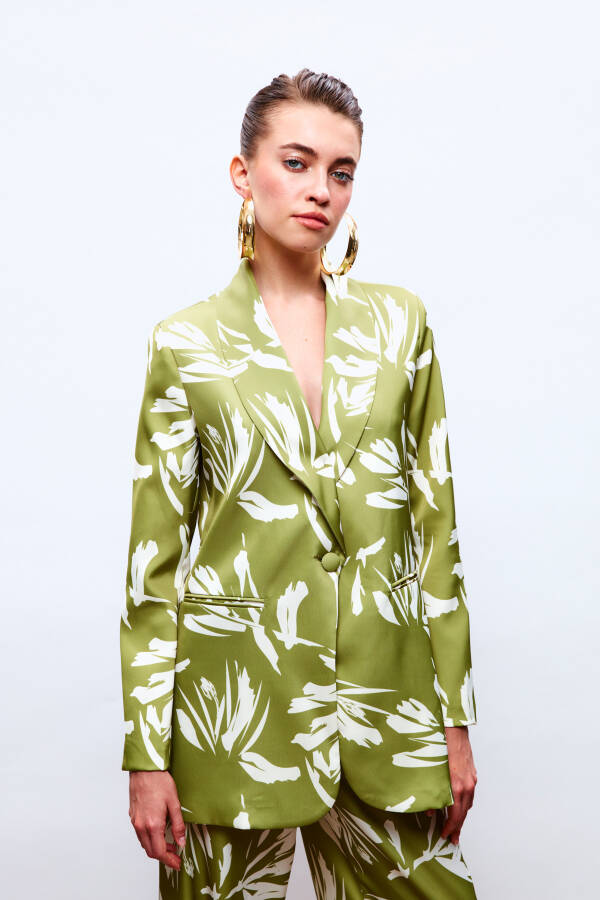 Patterned Oversized Satin Jacket - GREEN - 5