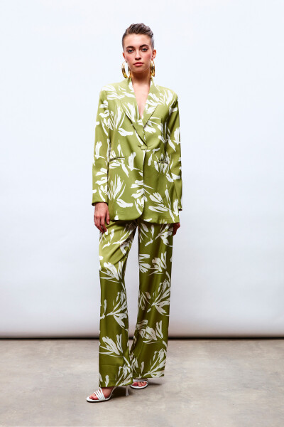 Patterned Oversized Satin Jacket - GREEN - 6