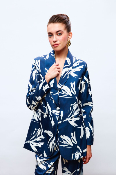 Patterned Oversized Satin Jacket - NAVY - 1