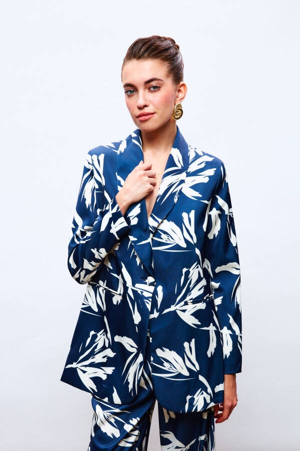 Patterned Oversized Satin Jacket - NAVY - 1